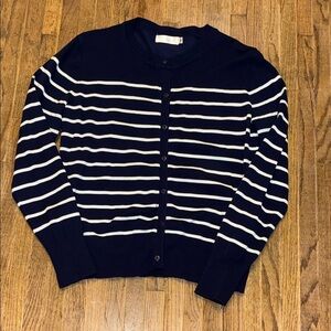 Navy and White Cotton Blend Striped Women's Cardigan Sweater Medium